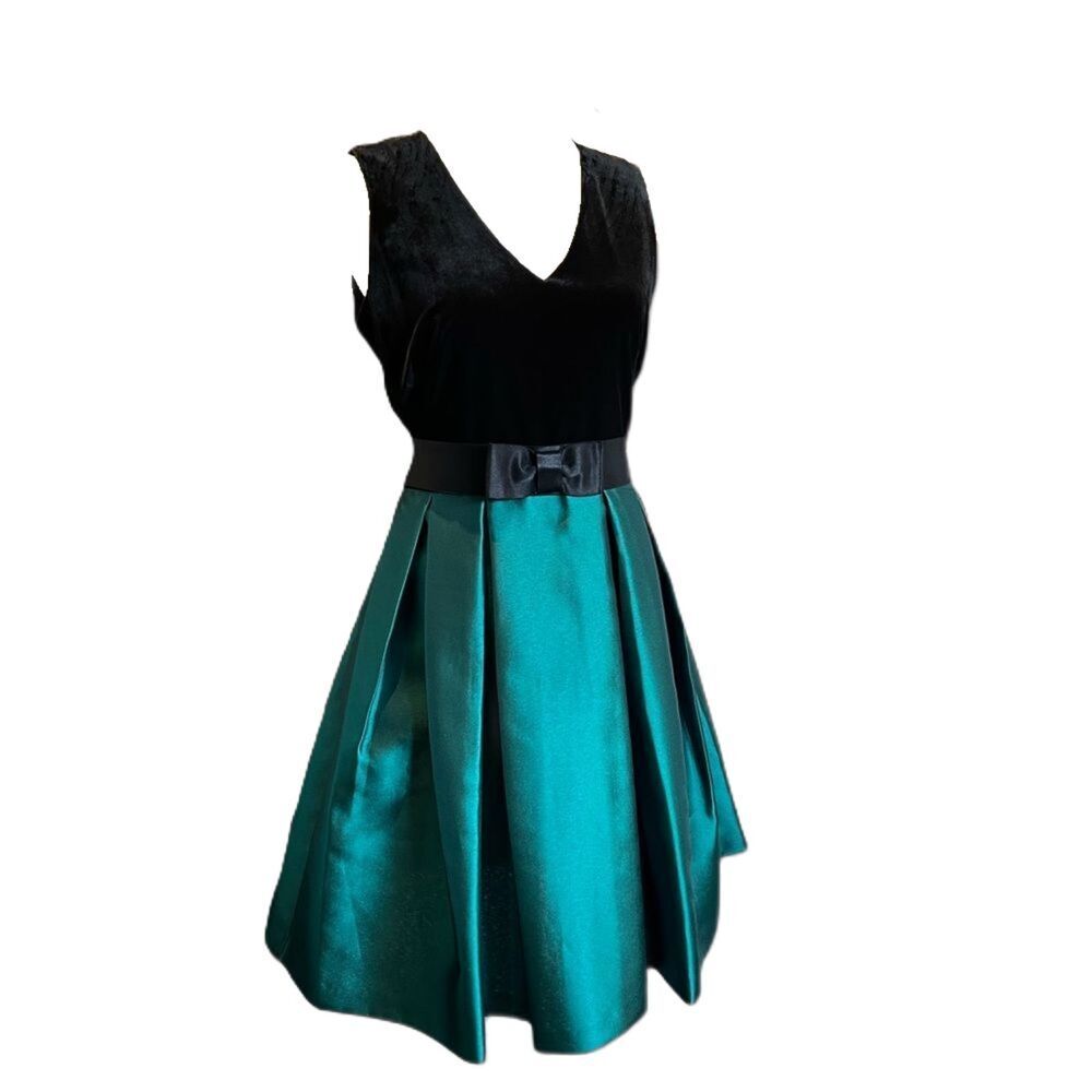Black Velvet/Rich Pine Poly Satin Party Dress